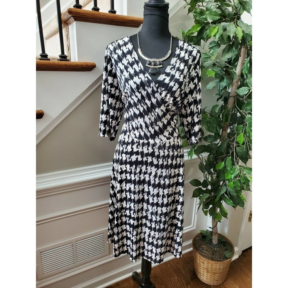 Studio One Women Black & White Polyester V-Neck Long Sleeve Knee Length Dress 14 - Picture 12 of 12